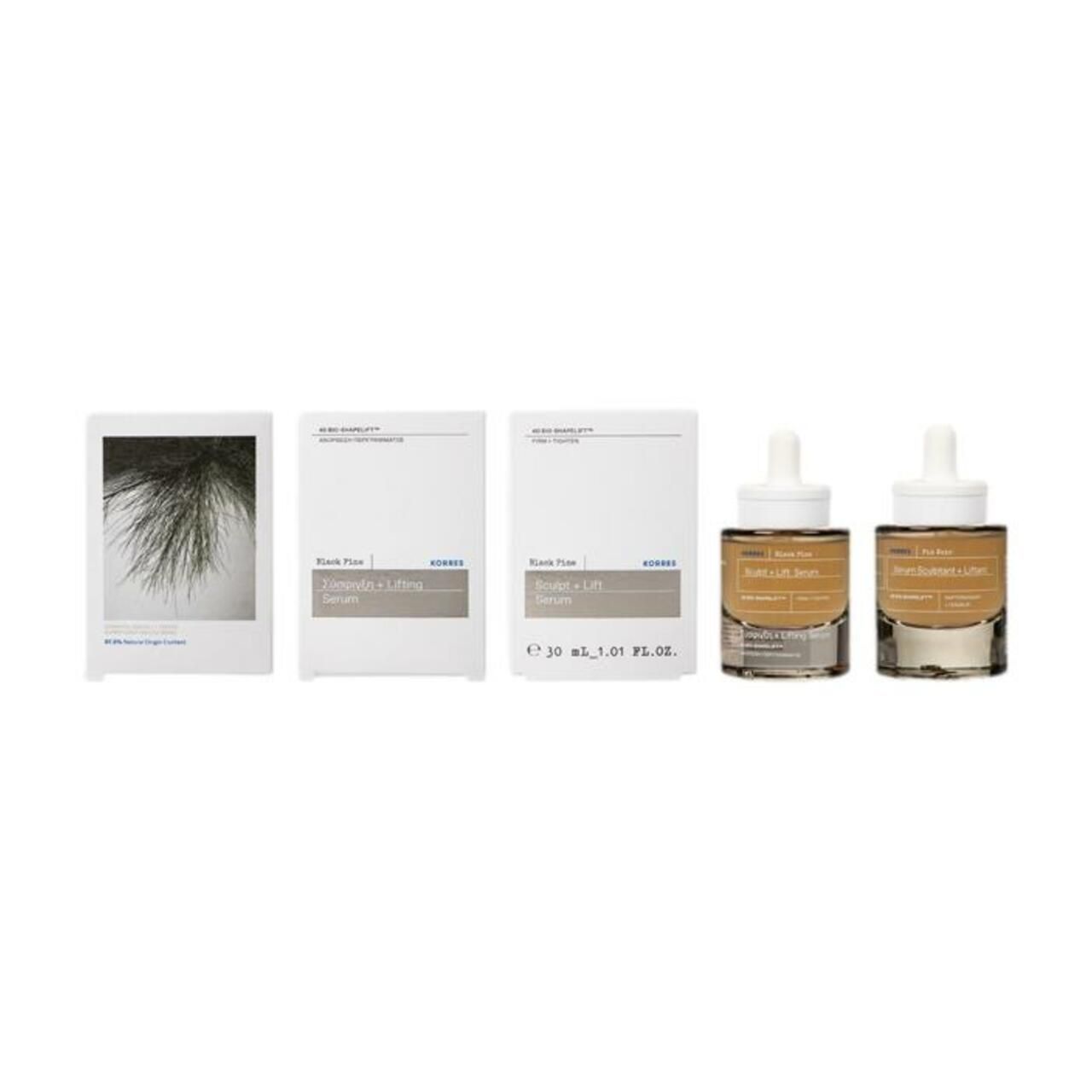 Korres Black Pine Sculpt + Lift Serum in Glasflasche mit Pipette, von vorne.