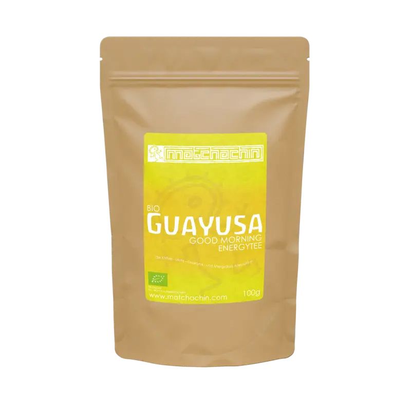 Beutel mit gelbem Etikett. Aufschrift: Matchachin BIO Guayusa Good Morning. 100g.