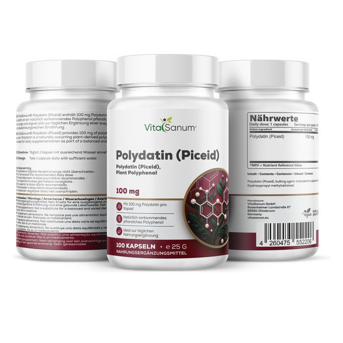 Drei Behälter VitaSanum Polydatin (Piceid) Kapseln, 100 mg. Einer vorne, zwei hinten.