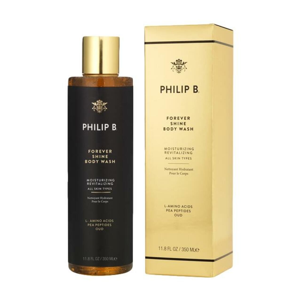 Philip B Forever Shine Body Wash mit goldener Verpackung. Schwarze Flasche, goldfarbener Deckel. Text: Forever Shine Body Wash, Moisturizing Revitalizing.