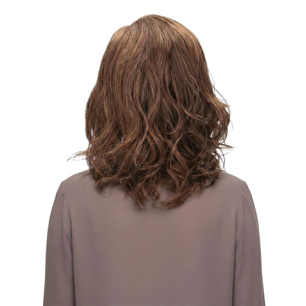 Rückansicht einer Perücke mit gewelltem, braunem Haar. Schulterlange Frisur.