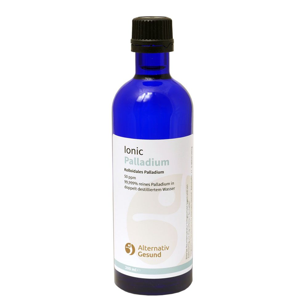 Blaue Glasflasche mit schwarzem Verschluss. Etikett mit Produktinformationen: Ionic Palladium, Alternativ Gesund.