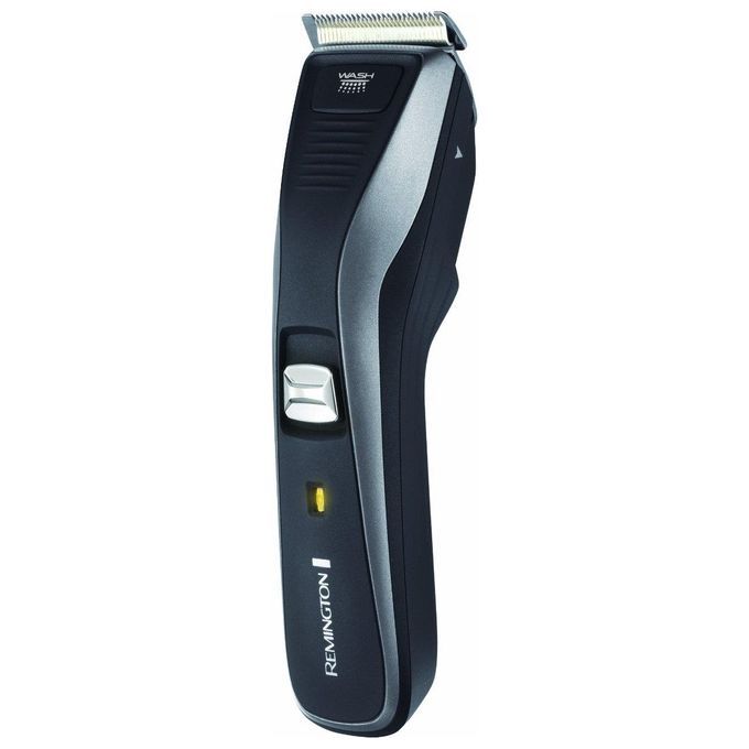 Schwarzer Haarschneider mit silbernen Akzenten. Marke: Remington. Mit Ein-/Ausschalter und Ladeanzeige.