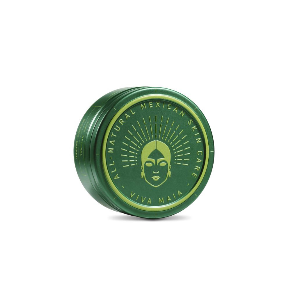Viva Maia Radiating Cream: Grüne Dose mit Sonnensymbol und Gesicht. "All-Natural Mexican Skin Care".