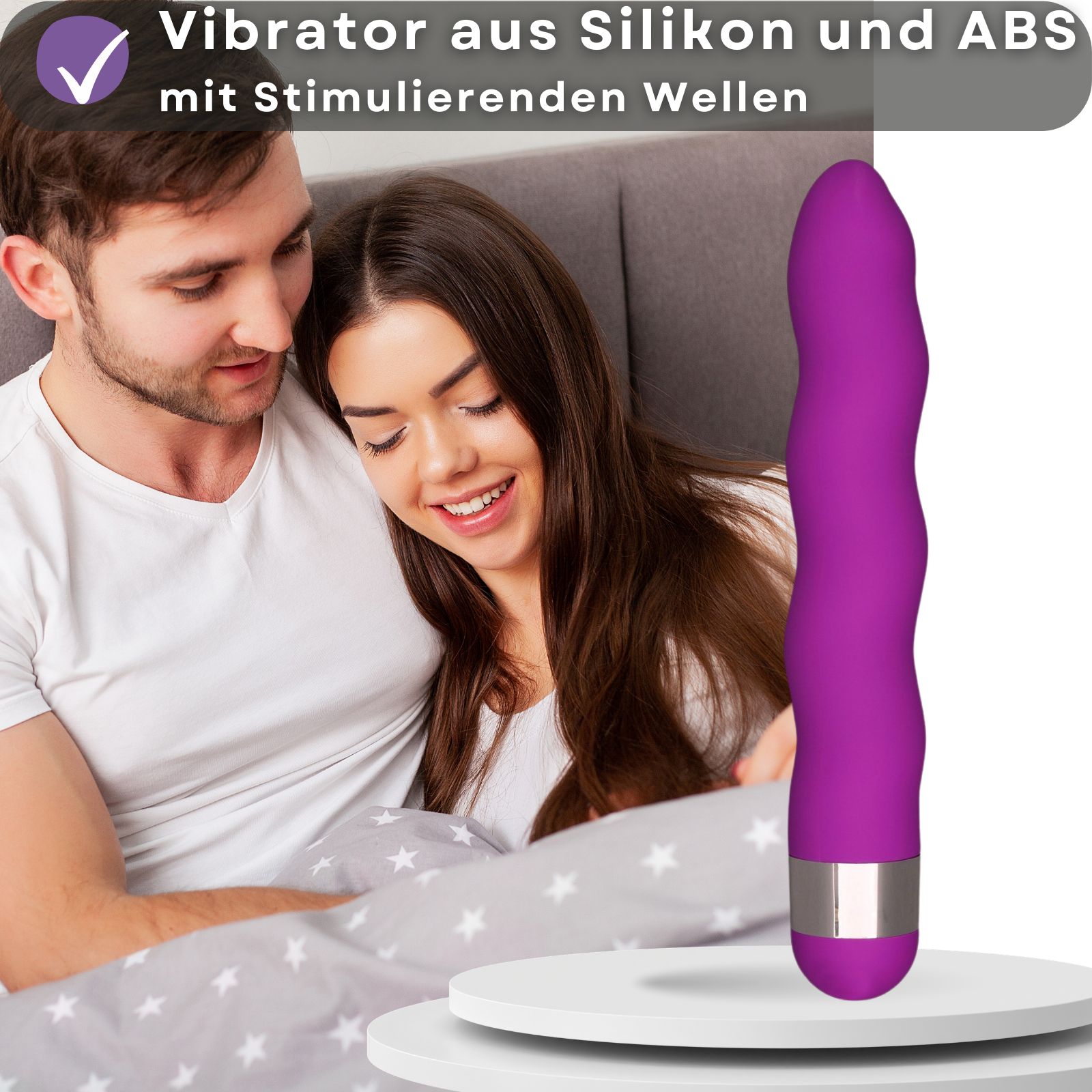 Lila Vibrator mit Wellenform. Hintergrund: Paar.
