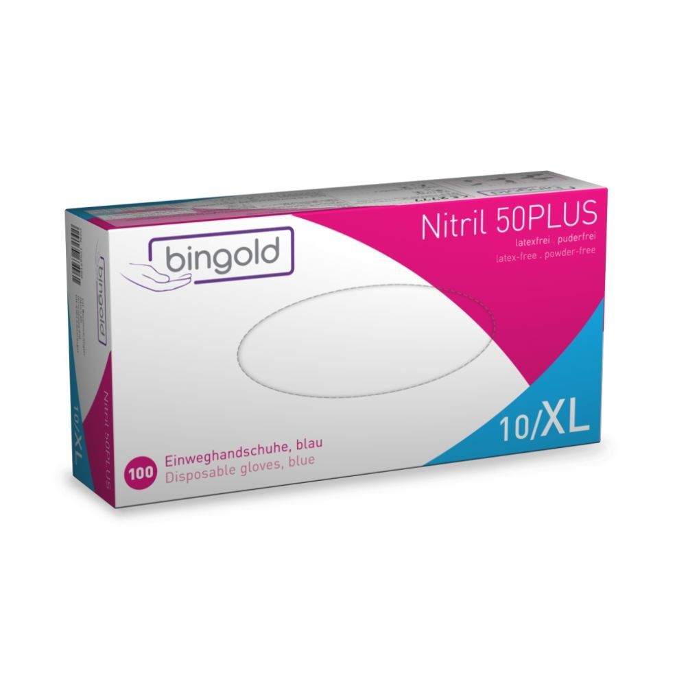 Verpackung von Einmalhandschuhen. Aufschrift: bingold, Nitril 50PLUS, 10/XL, 100 Stück. Latex- und puderfrei. Blaue Handschuhe.