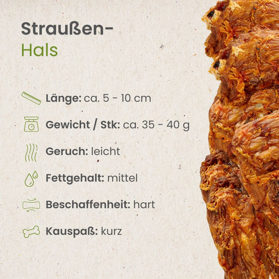 Getrocknete Straußenhals-Stücke, als exotische Proteinquelle beworben.
