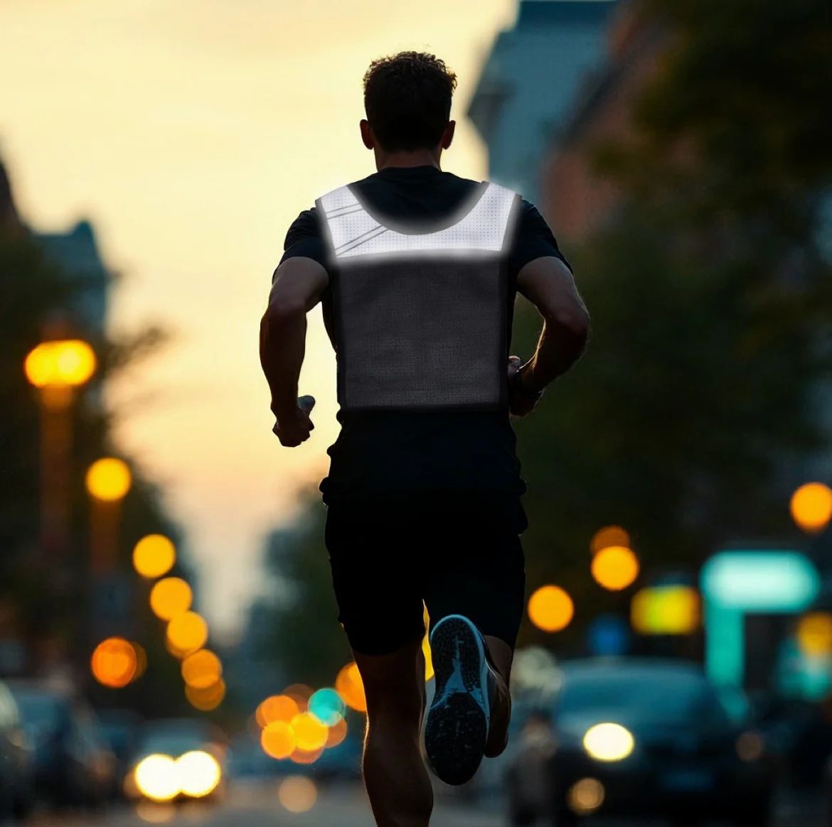 Person läuft in der Stadt. Trägt eine schwarze Laufweste mit reflektierenden Elementen. Abendliche Straßenbeleuchtung.