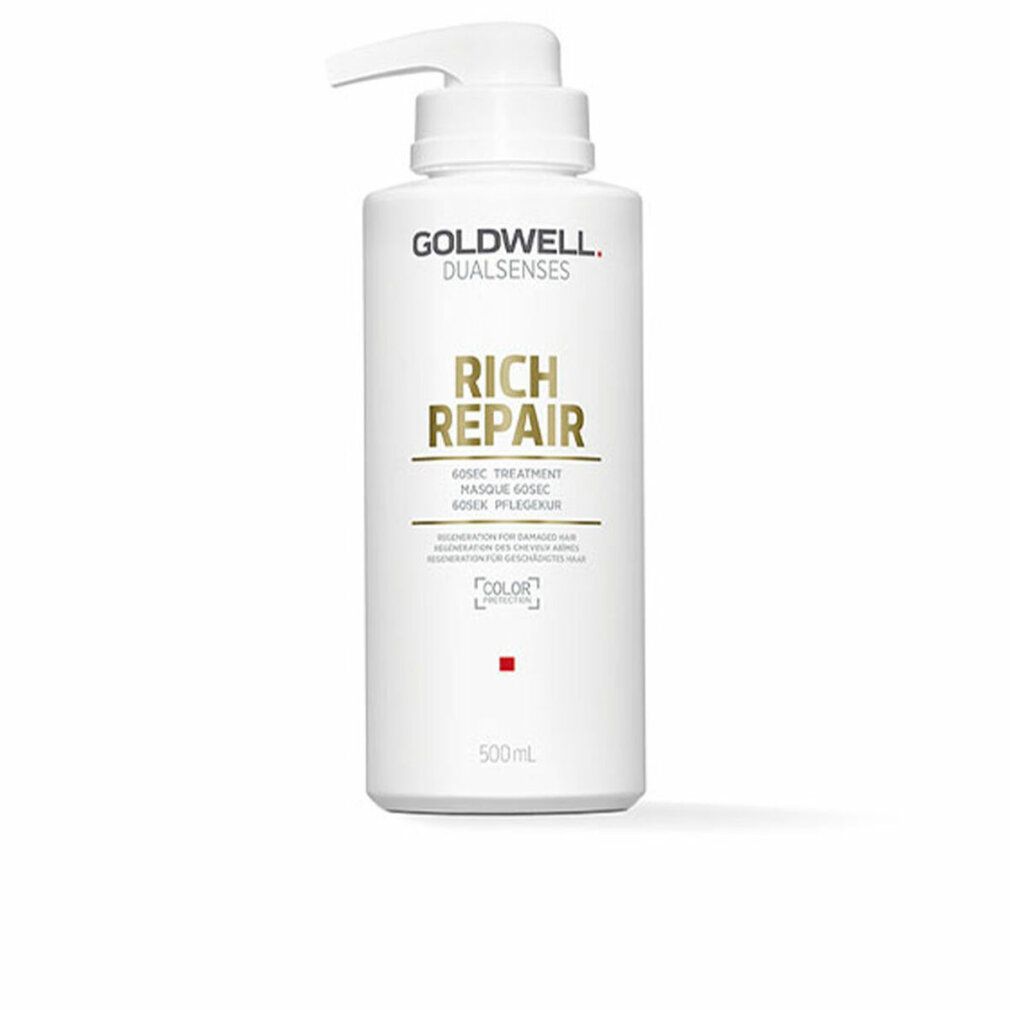 Flacon blanc avec pompe. Inscription: Goldwell Dualsenses Rich Repair 60 secondes Treatment. 500ml.