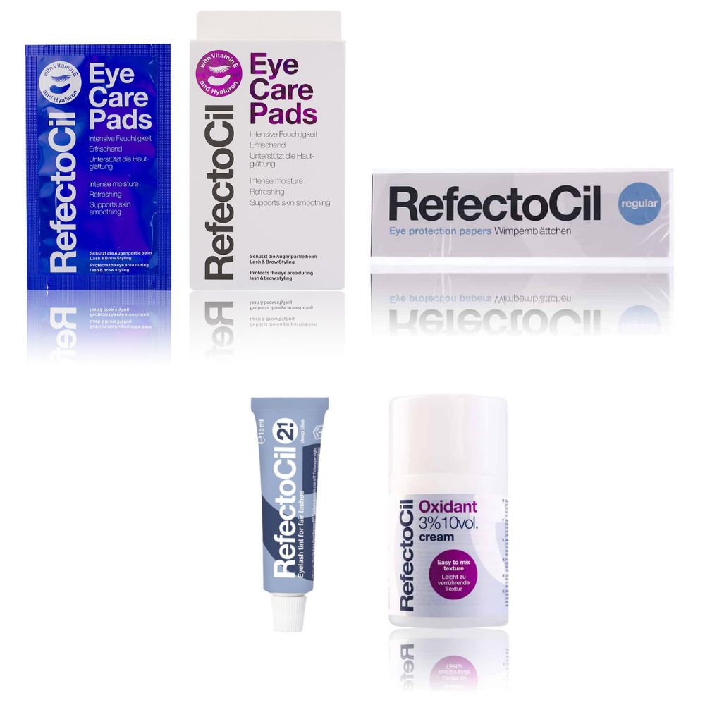 Refectocil Wimpernfarbe tiefblau 2.1 & Oxidant Creme 3% Wimpernblättchen Eye Care Pads Set 15 ml
