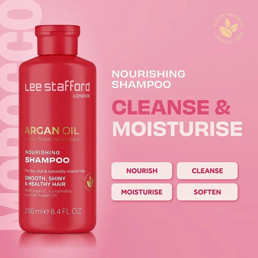 Rote Flasche Lee Stafford Argan Oil Nourishing Shampoo, 250ml.