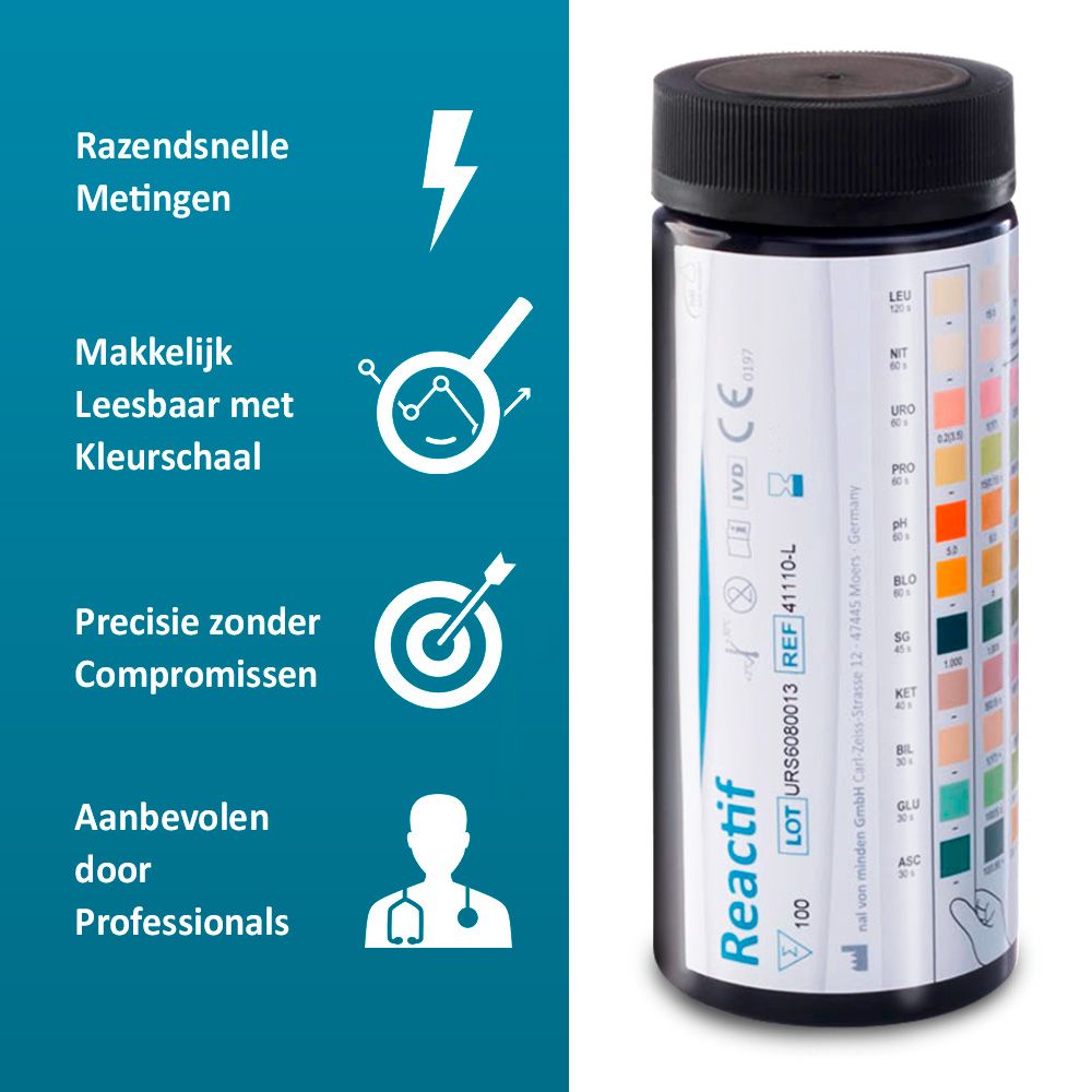 Fles teststrips. Merk Reactif. 100 strips. Kleurenschaal. IVD-markering. Aanbevolen door professionals.