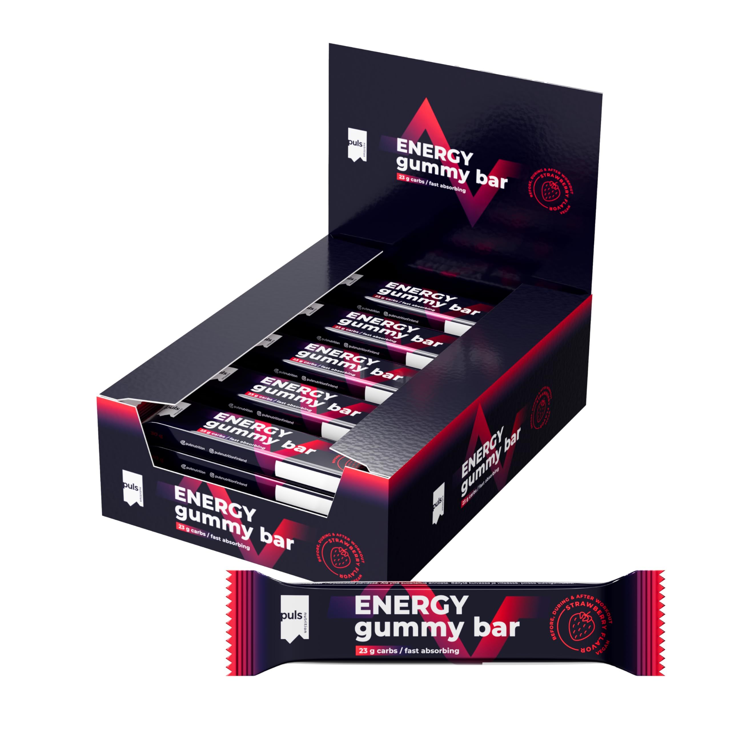 Eine offene Box mit Puls Nutrition Energy Gummy Bars und einer einzelnen Bar daneben.