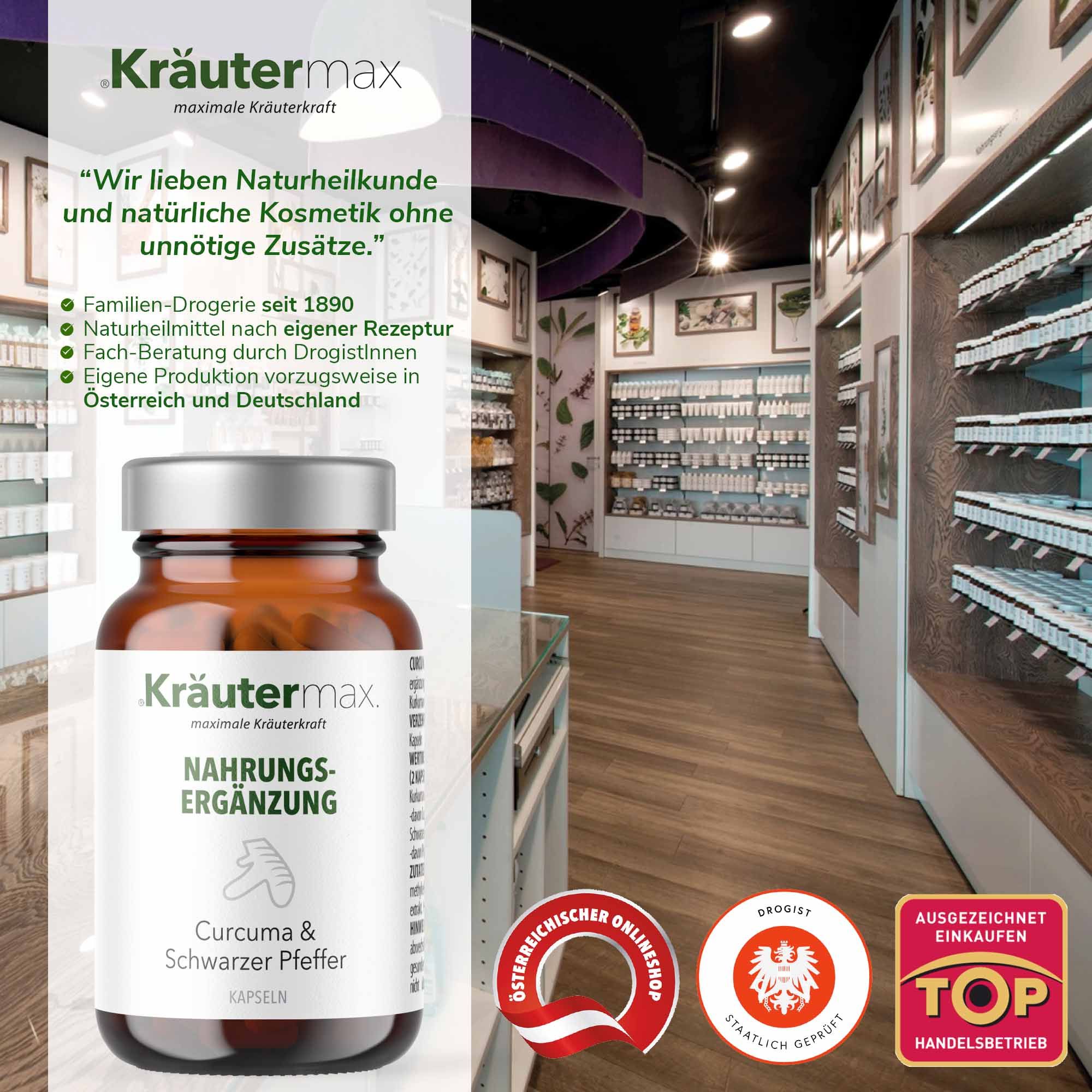 Braune Flasche Kräutermax Kapseln in Apotheke. Etikett mit Text: Curcuma & Schwarzer Pfeffer. Logos: Österreichischer Onlineshop, Top-Handelsbetrieb.