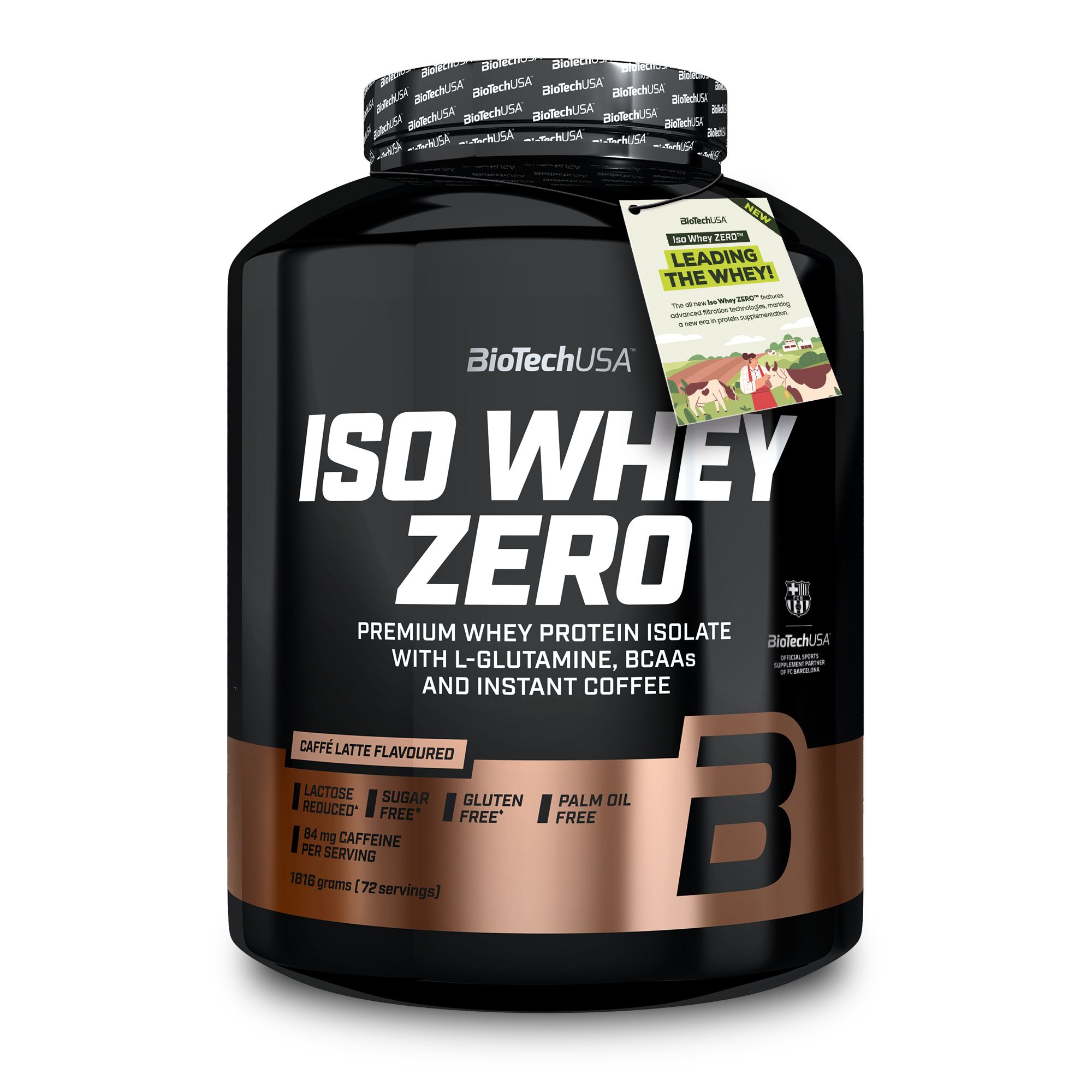Schwarze Dose BioTechUSA Iso Whey Zero mit kupferfarbenem Boden. Caffe Latte-Aroma. Mit Etikett und Logo.