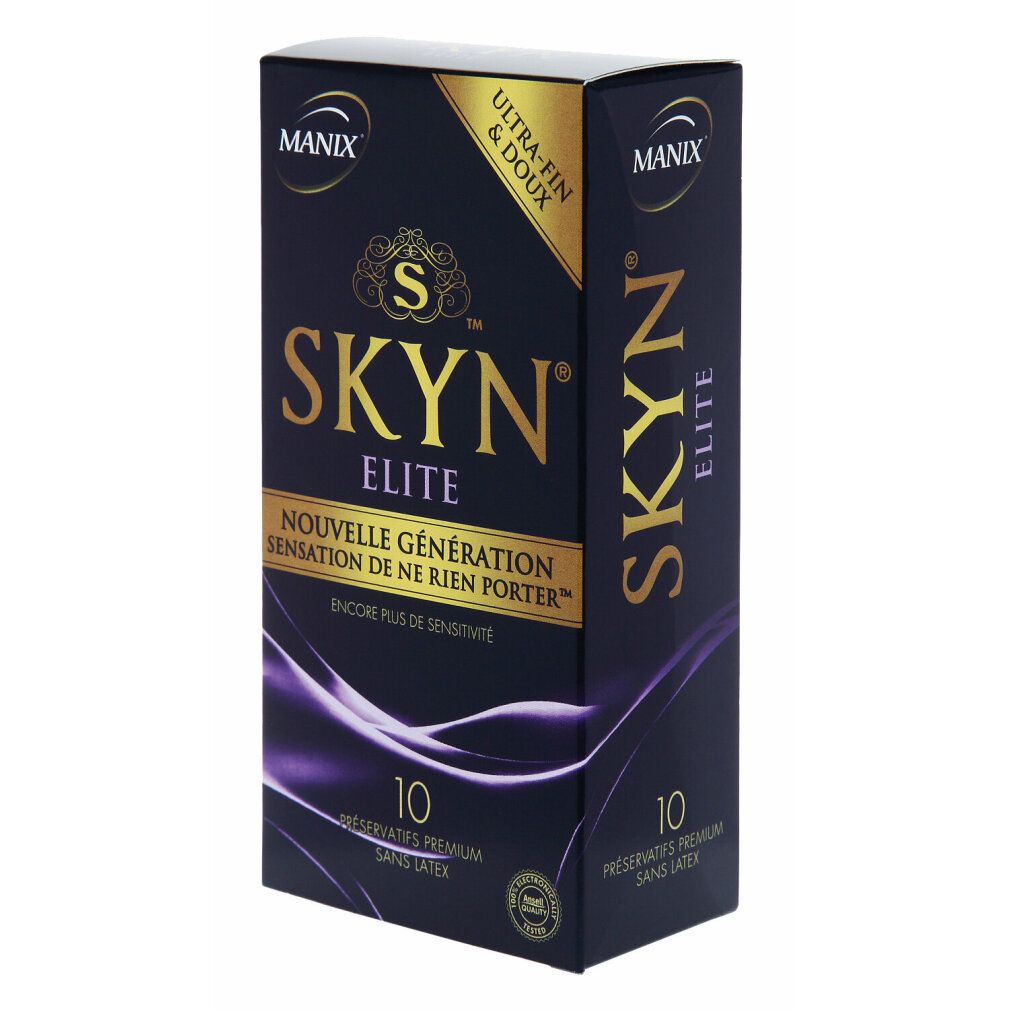 Schwarze Schachtel mit SKYN Elite Kondomen. Aufschrift: Ultra dünn & ultra weich. 10 Stück. Marke: MANIX.
