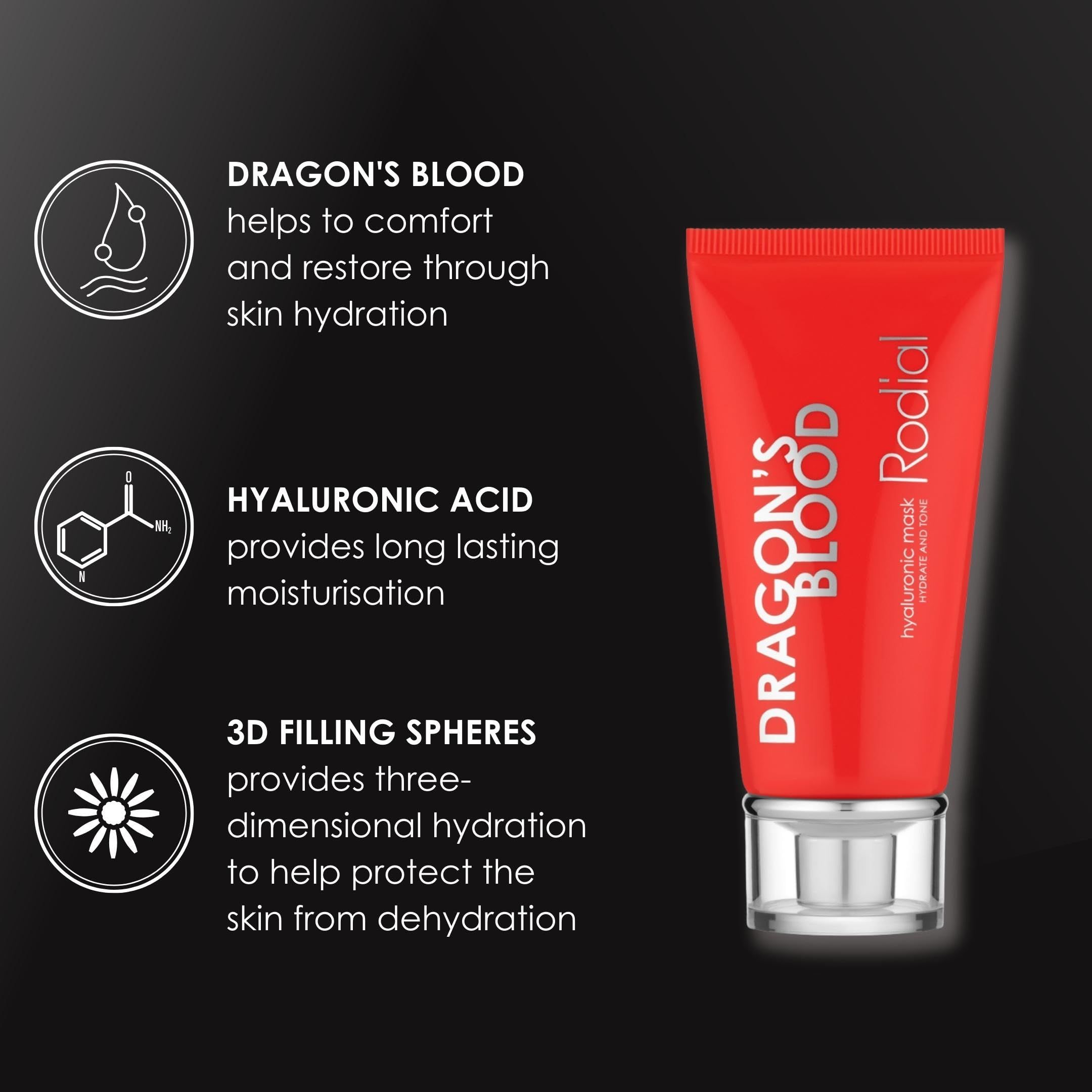 Rote Tube mit silbernem Verschluss. Aufschrift: DRAGON'S BLOOD, Rodial, Hyaluronic Mask. Auf schwarzem Hintergrund.