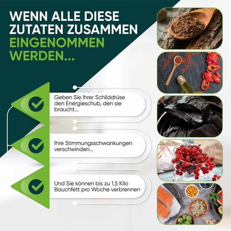 Grafik mit Zutaten: Gewürze, Paprika, Öl, Kohle, Beeren, Lachs. Text: Vorteile bei Einnahme: Schilddrüse, Stimmung, Fettverbrennung.