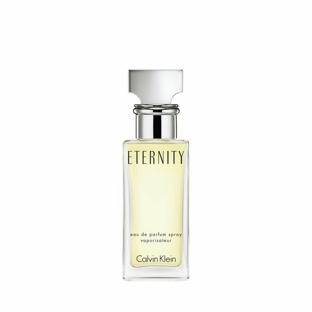Parfümflasche mit silberfarbenem Verschluss. Aufschrift: ETERNITY, Calvin Klein.