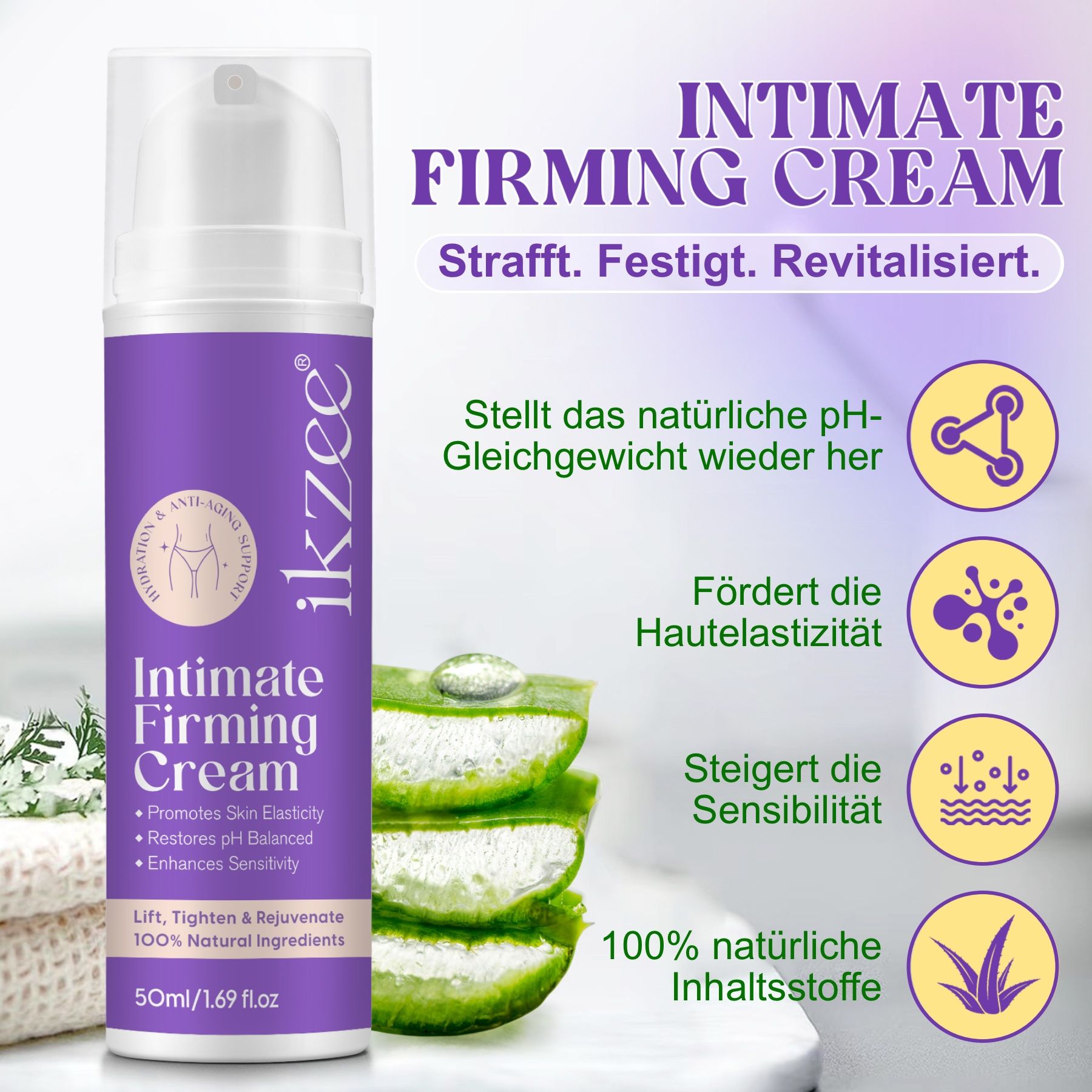Flasche Intimcreme, lila-weiß, mit Aloe Vera. Aufschrift: ikzee Intimate Firming Cream. 50ml/1.69 fl.oz. Text: Strafft. Festigt. Revitalisiert.