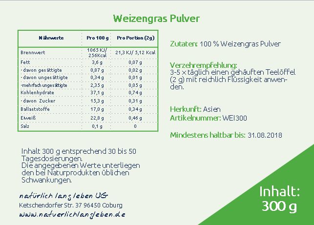 natürlich lang leben BIO Weizengras Pulver 300 g