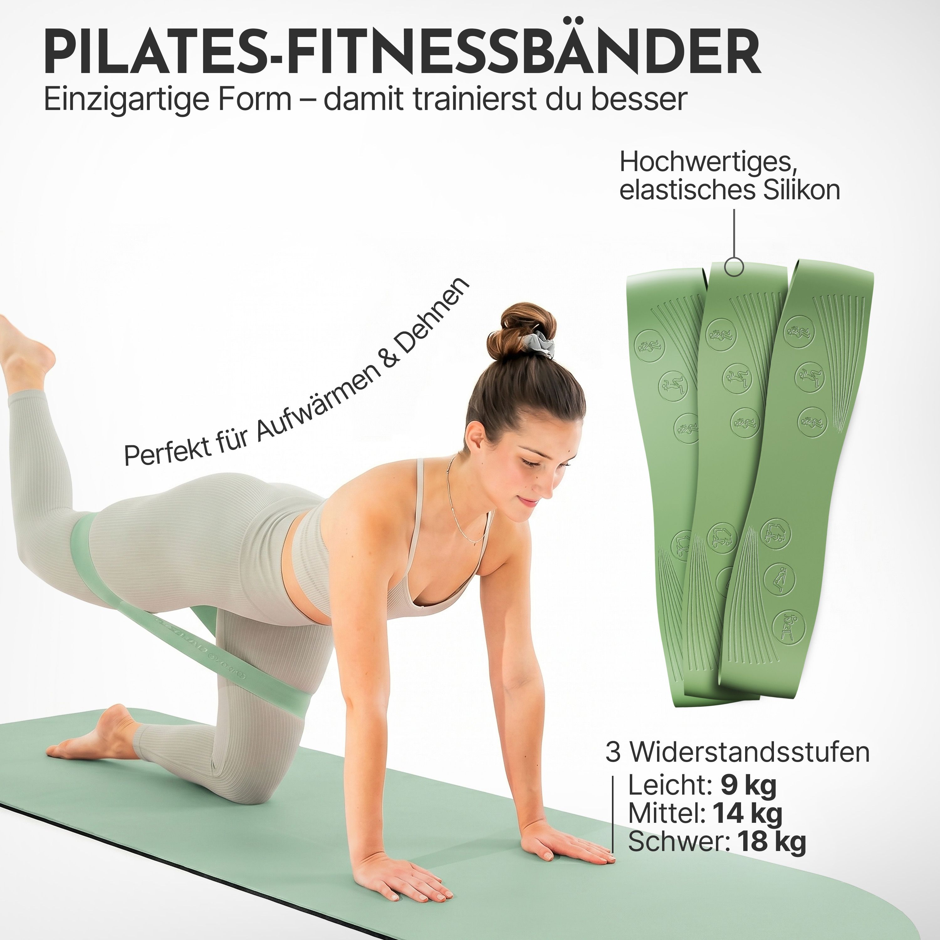 NEOLYMP Pilates Fitnessbänder: Einzigartige Form, hochwertiges Silikon, 3 Widerstandsstufen.