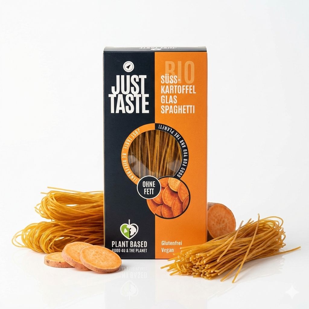 Just Taste Bio Süßkartoffel Glas Spaghetti: Kartonverpackung mit Spaghetti-Bündeln, Süßkartoffelscheiben und einzelnen Spaghetti.