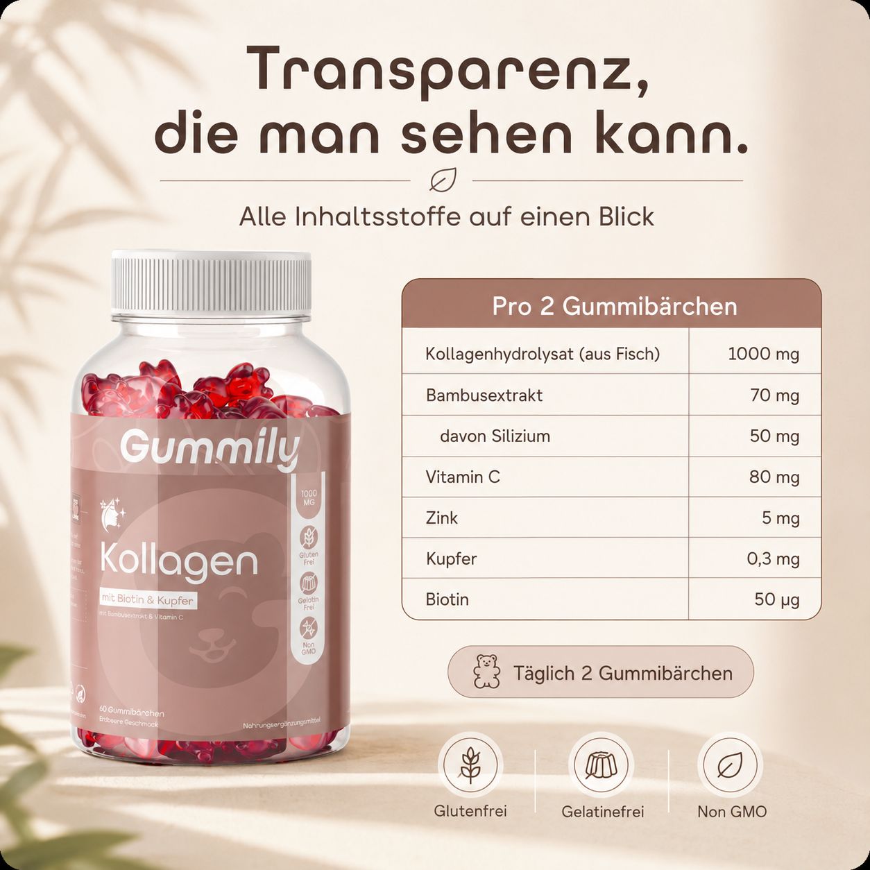 Gummily Kollagen Gummibärchen in einer durchsichtigen Flasche mit weißem Deckel. Enthält eine Nährwerttabelle für Kollagenhydrolysat, Bambusextrakt, Silizium, Vitamin C, Zink, Kupfer und Biotin.