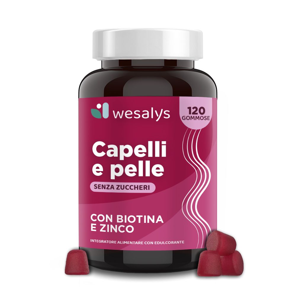 Dose WESALYS® Integratore Capelli e Pelle. Aufschrift: Capelli e pelle, senza zuccheri, con biotina e zinco. 120 Gommose.