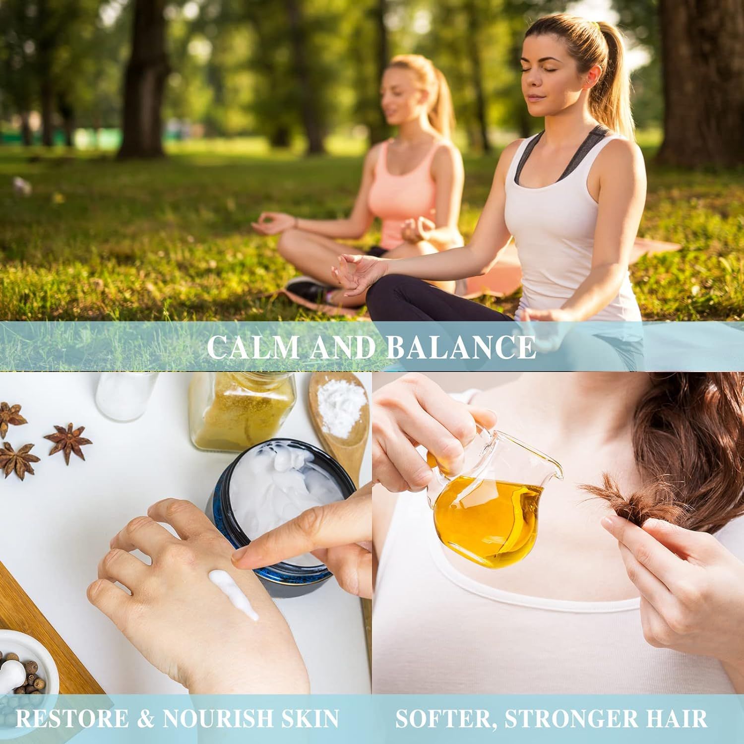 Zwei Frauen meditieren im Freien. Darunter Bilder von Hautpflegeprodukten und Haaröl. Text: Calm and Balance.