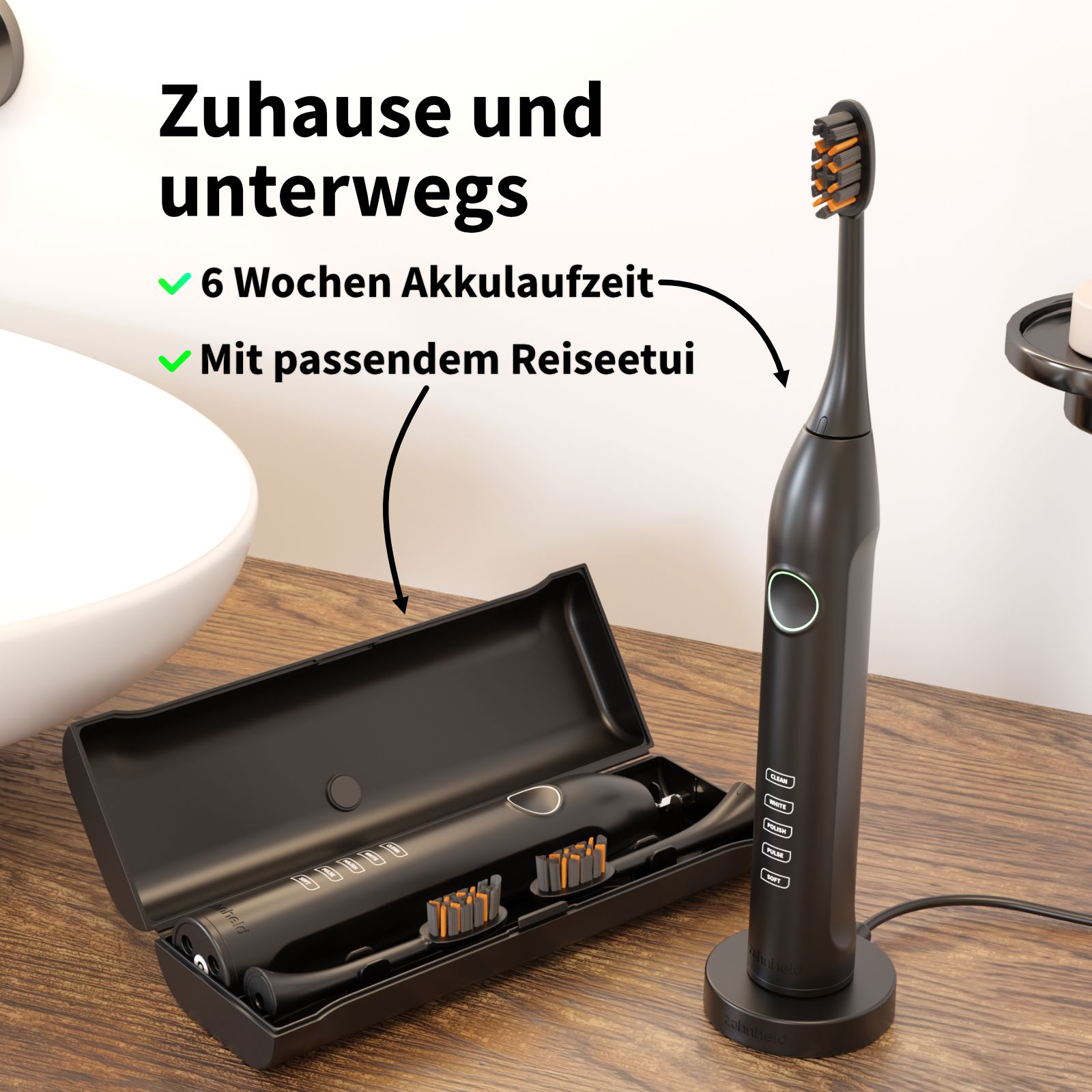 Schwarze elektrische Zahnbürste mit Etui und Ladestation. Text: Zuhause und unterwegs. 6 Wochen Akkulaufzeit. Mit passendem Reiseetui.