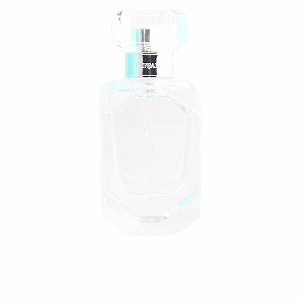 Transparente Parfumflasche mit silbernem Verschluss. Auf dem Verschluss steht "Tiffany & Co.".