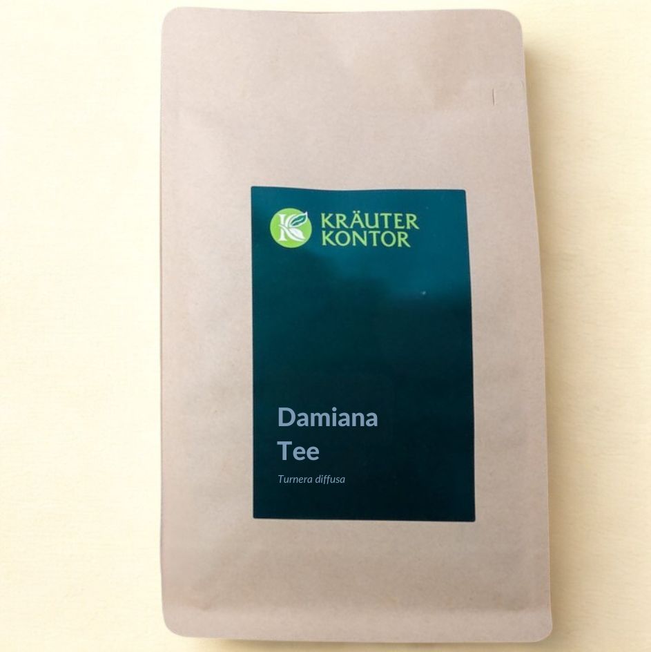 Beutel mit Kräuterkontor Damiana Tee. Aufschrift: Damiana Tee, Turnera diffusa. Grün-weißer Markenaufdruck.