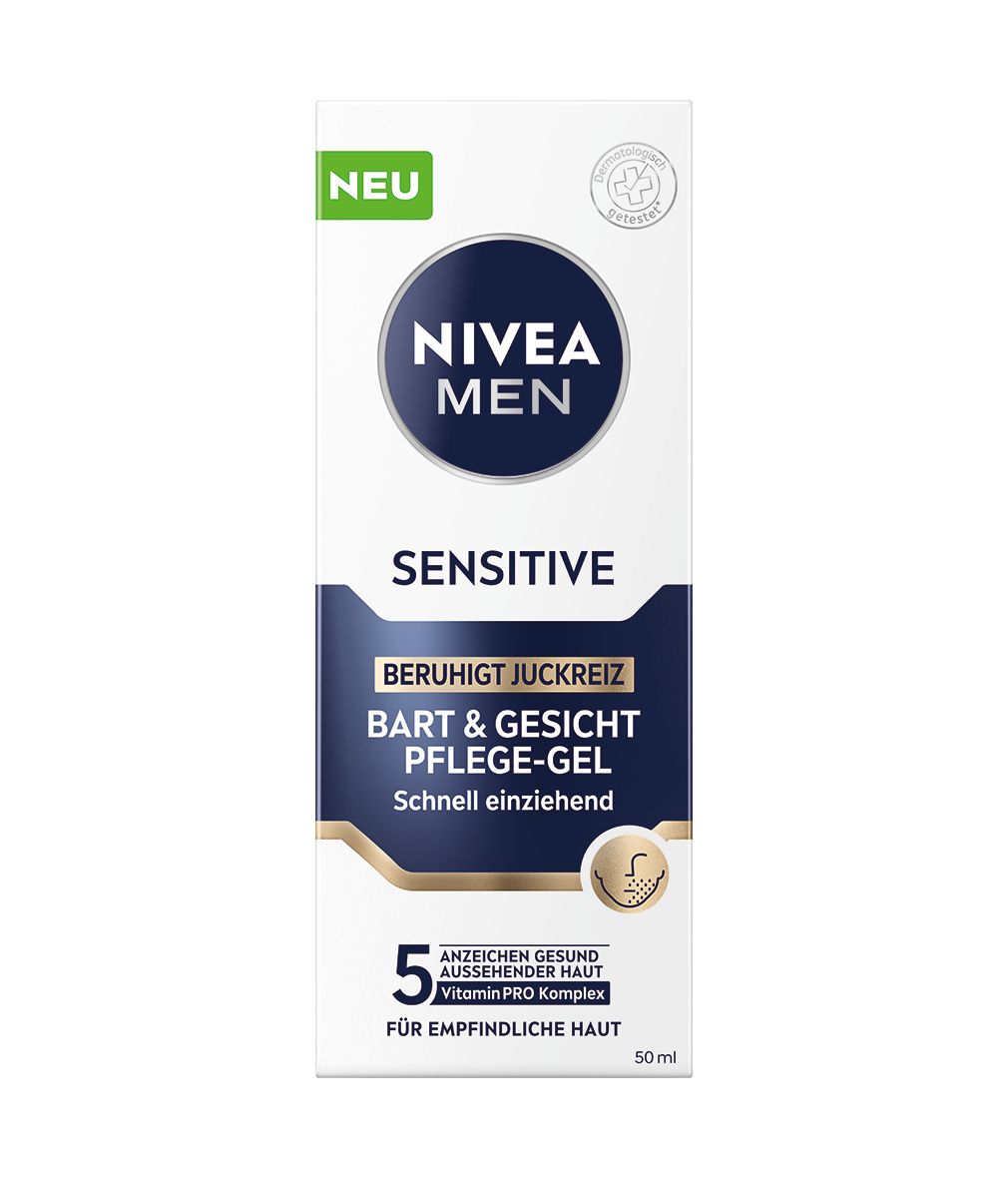 NIVEA MEN Bart & Gesichtspflege Gel Sensitive Verpackung. Schachtel mit Produktinformationen und Logo.