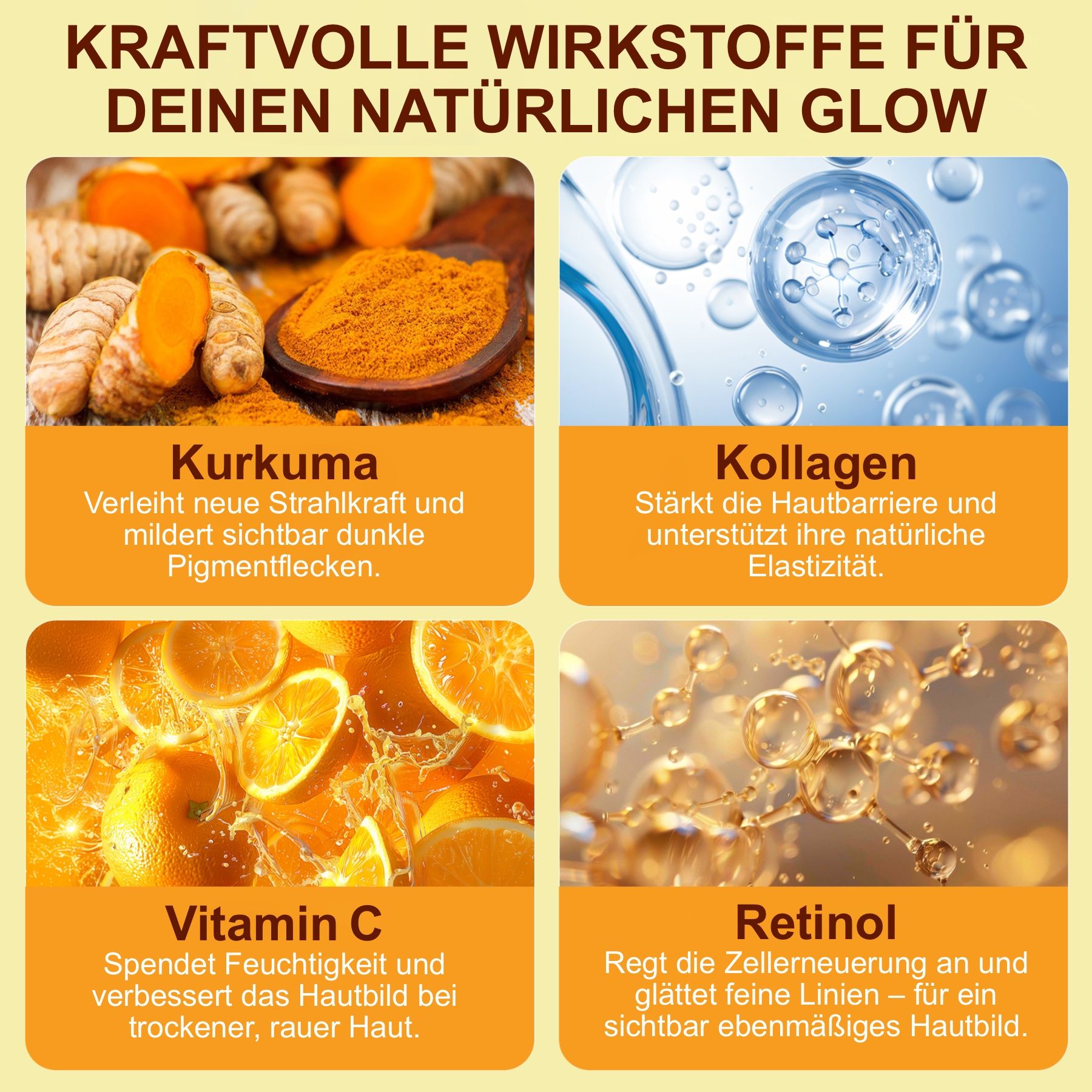 Grafik mit Inhaltsstoffen: Kurkuma, Kollagen, Vitamin C, Retinol.