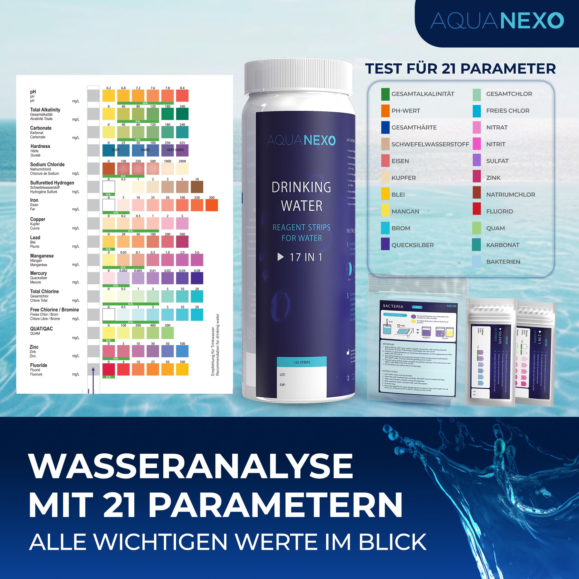 Aquanexo Trinkwasser Teststreifen + Bakterientests - 21 Werte messbar