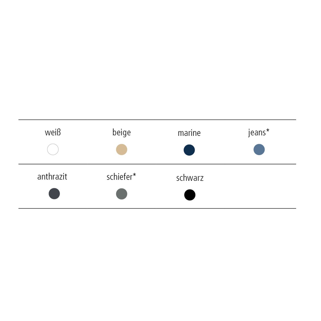 Farbübersicht: weiß, beige, marine, jeans, anthrazit, schiefer, schwarz.