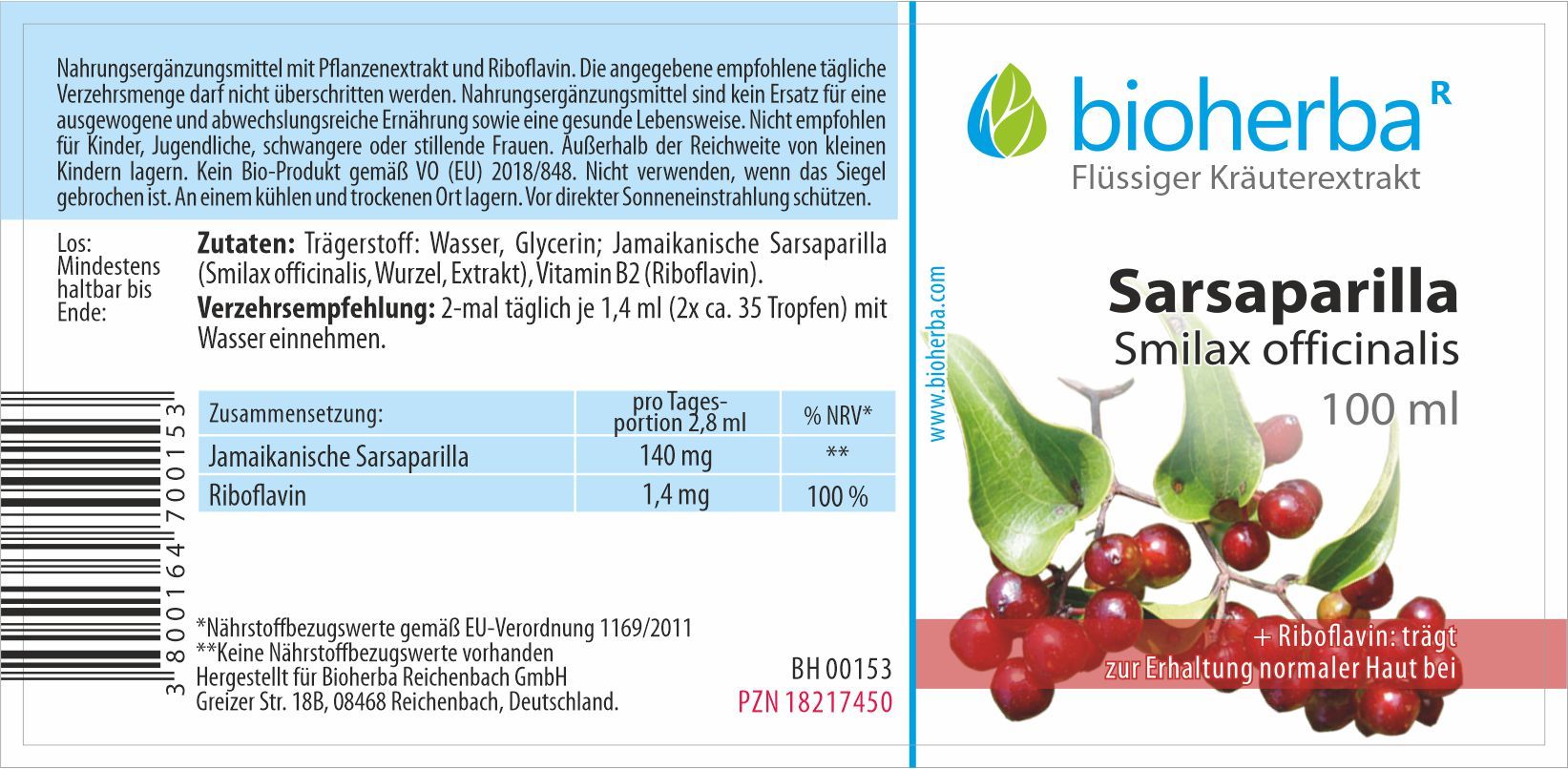 Sarsaparilla Smilax officinalis Tropfen Tinktur 100 ml PZN 18217450