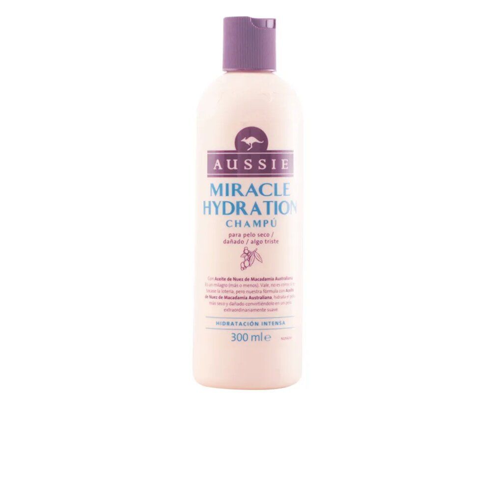 Beige Shampoo-Flasche mit lila Verschluss. Aufschrift: Aussie Miracle Hydration Champú. Text: 300 ml.
