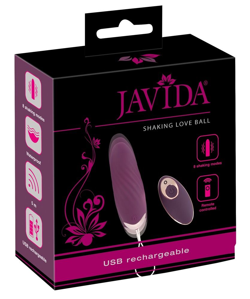 Verpackung von Javida Shaking Love Ball. Schwarze Box mit Produktabbildung und Text.