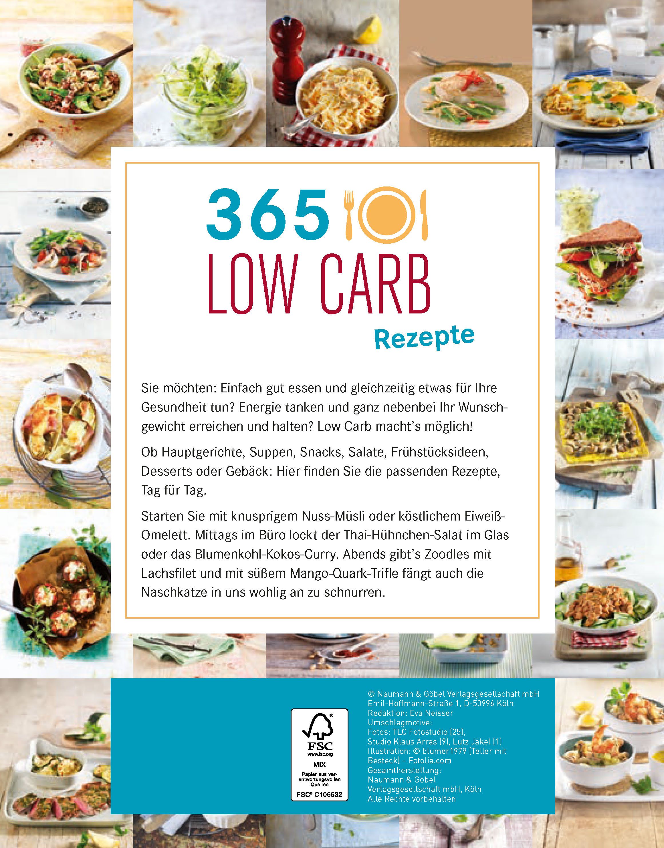 Rückseite des Buches "365 Low Carb Rezepte". Text und Logo, umgeben von Food-Fotografien.