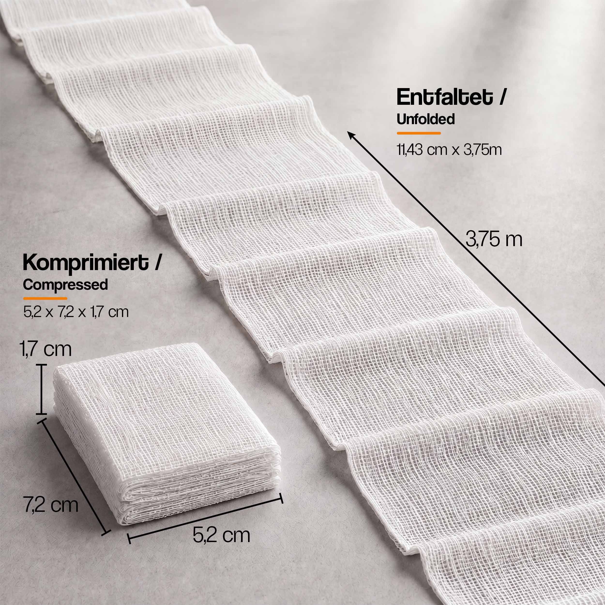 Kompakter Verbandstoff, 5,2 x 7,2 x 1,7 cm. Entfaltet 3,75 m lang.