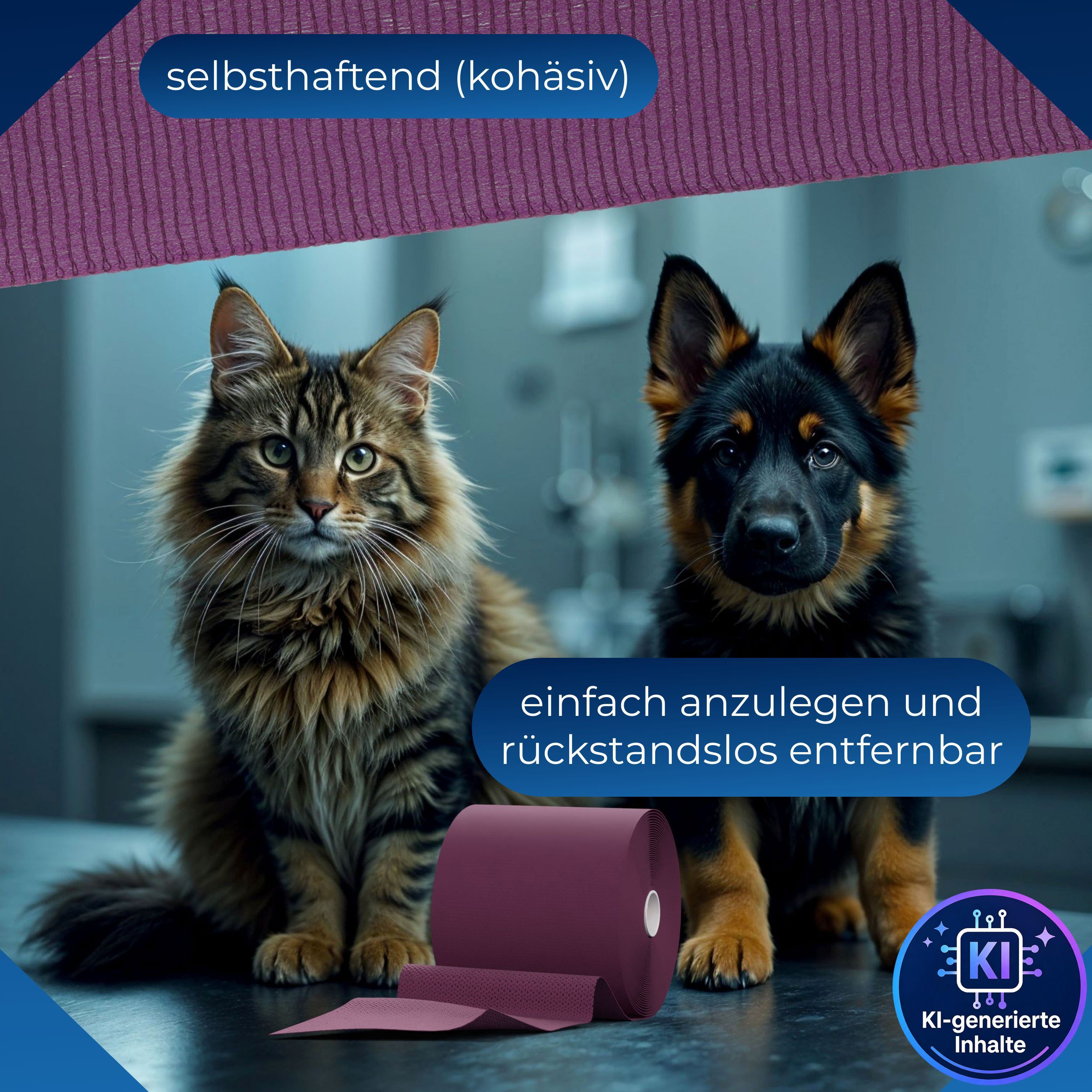 Violette, selbsthaftende Fixierbinde auf Rolle neben Katze und Hund. Einfach anzulegen.