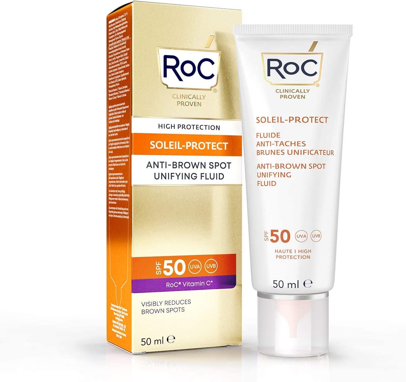 Tube und Verpackung von RoC Soleil-Protect. Text auf Verpackung: Anti-Flecken, UVA/UVB-Schutz, SPF 50. Produktname sichtbar.