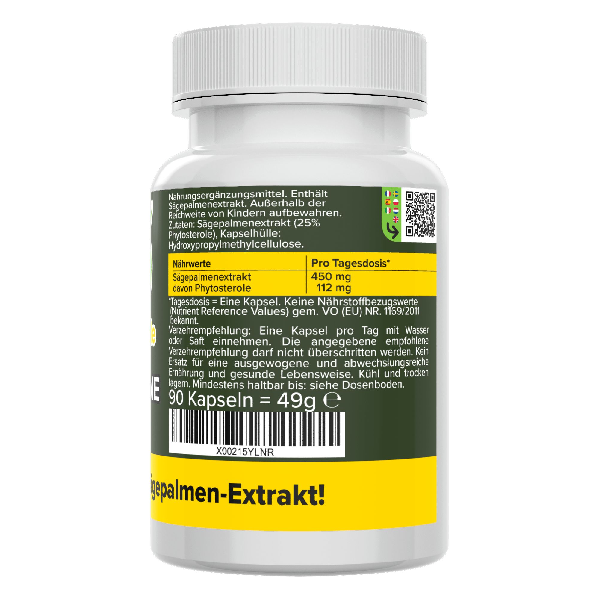 Weißes Pillenbehälter mit gelbem Etikett. Text: Sägepalmen-Extrakt, Nährwerte, 90 Kapseln, Vitamineule®.