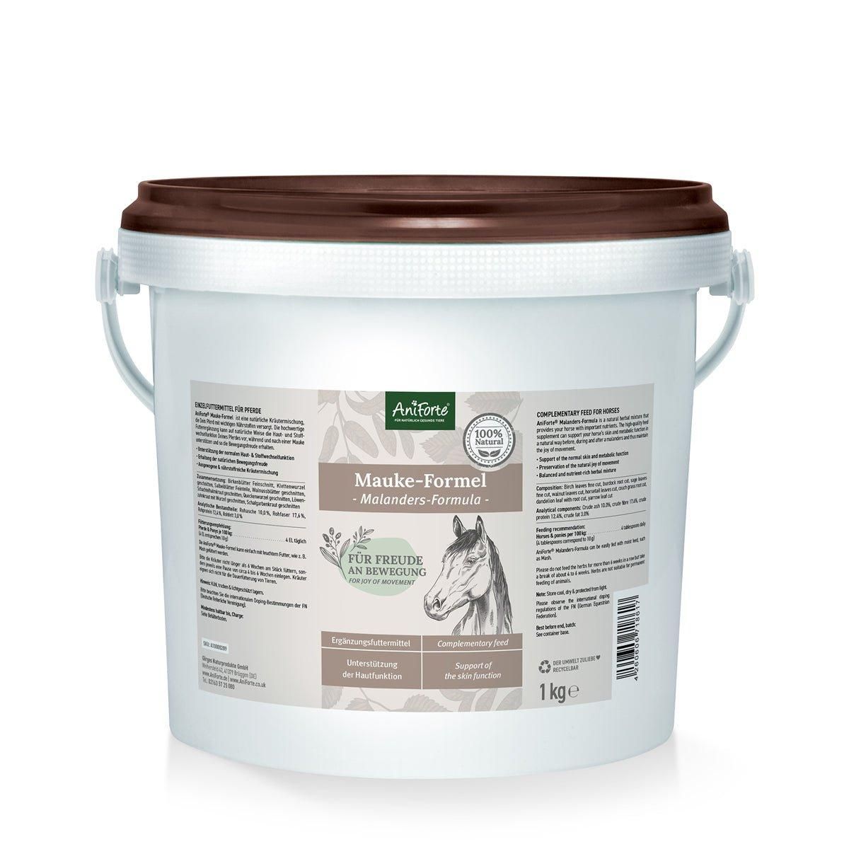 Weißer Eimer mit Aufschrift: Mauke-Formel. Logo: AniForte. Enthält Informationen zur Unterstützung der Bewegungsfreude. 1 kg.