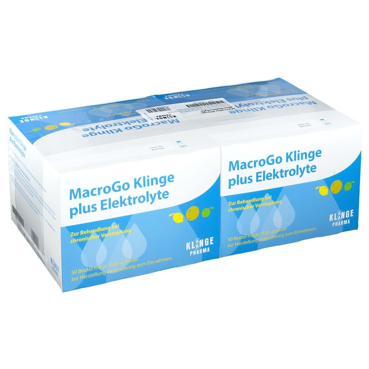Karton mit Produktaufdruck: MacroGo Klinge plus Elektrolyte. Blaue und weiße Verpackung. Klinge Pharma Logo.