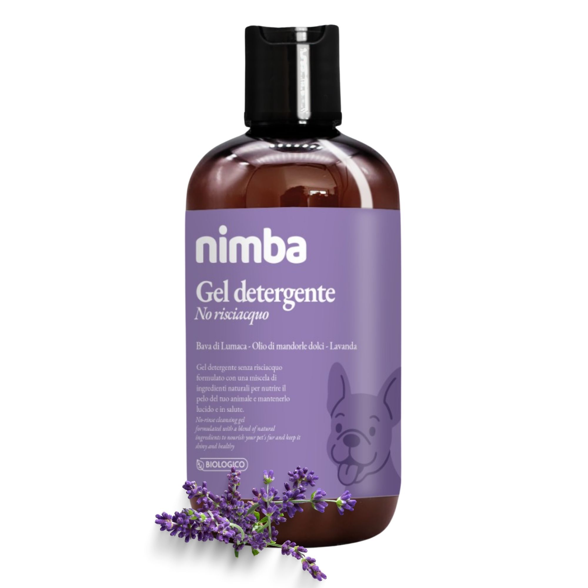 Flasche Nimba Gel Detergente, lila Etikett, Lavendelzweig. Aufschrift: Gel detergente, No risciacquo, biologisch.