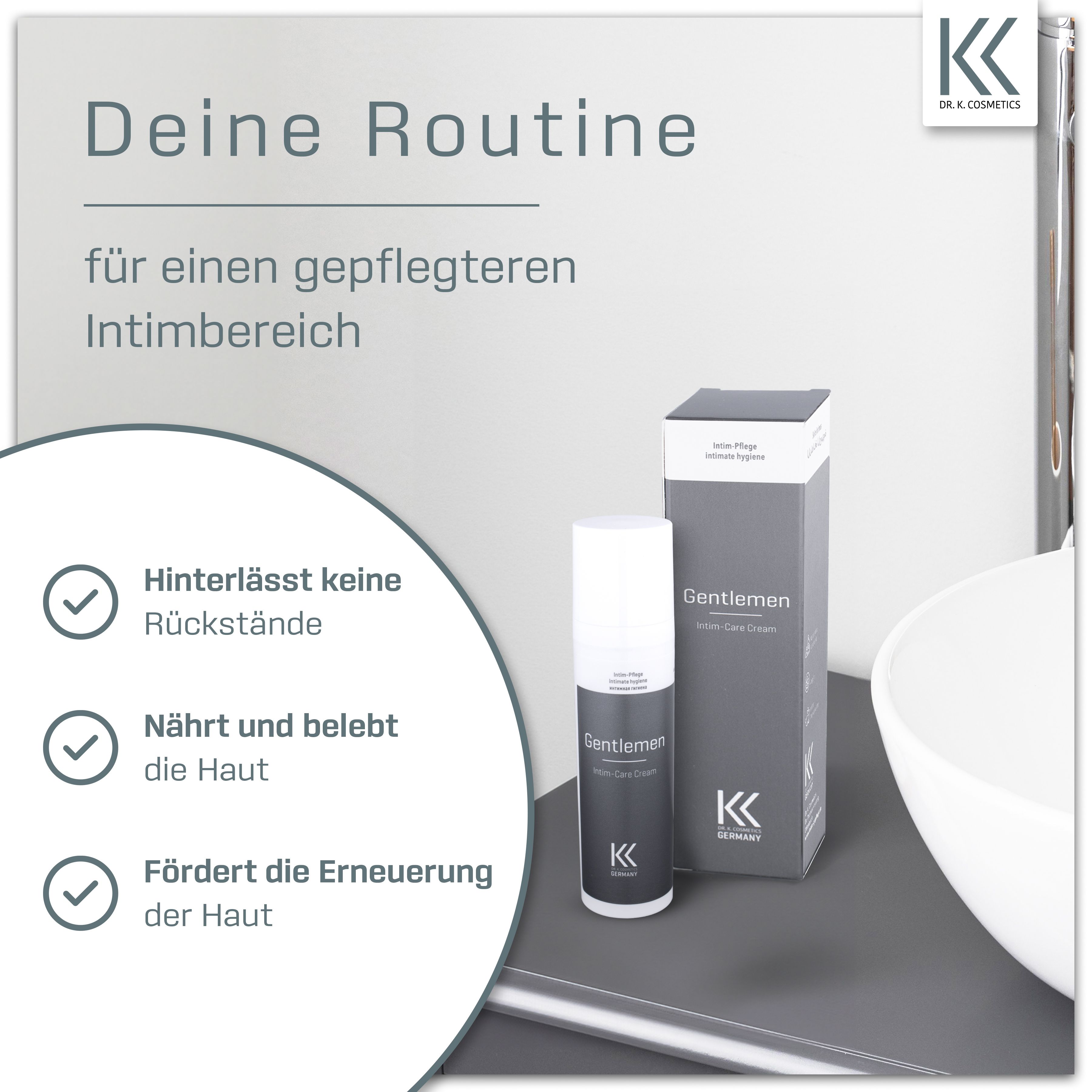 Produkt und Verpackung. Text: Deine Routine. Hinterlässt keine Rückstände, nährt und belebt die Haut, fördert die Erneuerung. Marke: K.K. Cosmetics.