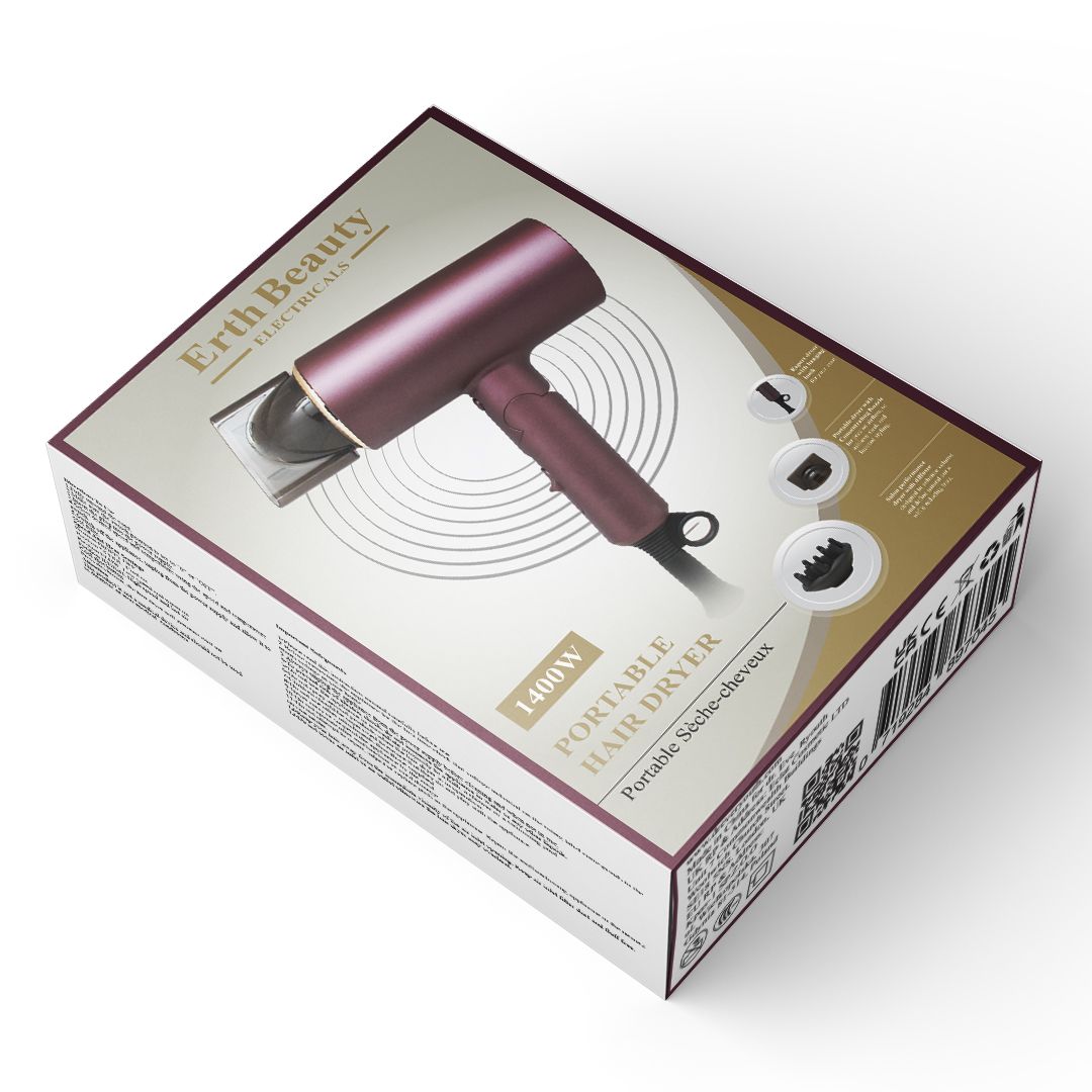 Produktbox. ErthBeauty, 1400W, tragbarer Haartrockner. Pflaumenfarbener Haartrockner abgebildet. Zubehör-Symbole. Text und Logos.